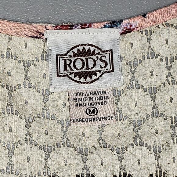 Boho Western Floral Blouse Sz M Rods Soft Drape Lightweight Rayon Crochet Y2K - Picture 5 of 8